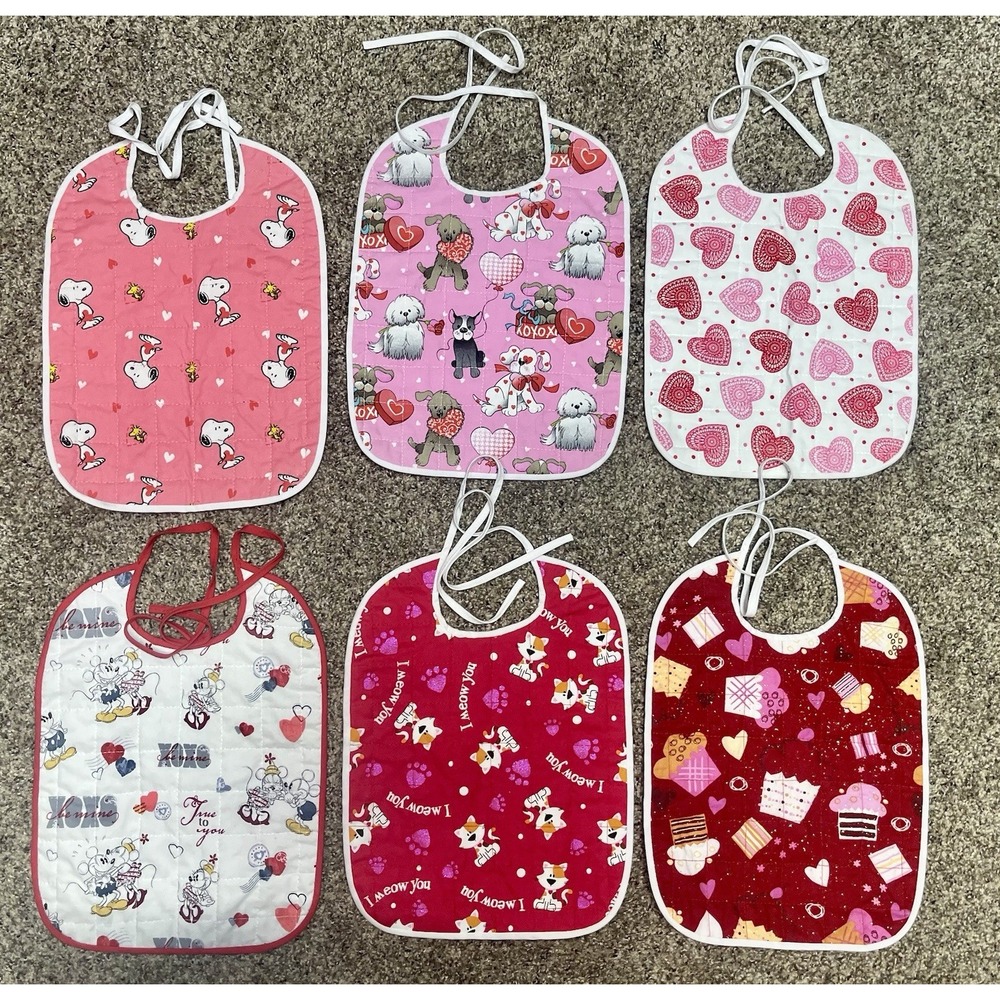 Handmade Valentines Baby Bibs Lot 6 Quilted Cotton Snoopy Disney Hearts